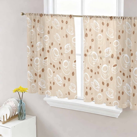 Coffee Cups Sheer Curtains 45 Inch Length 2 Panels Set Window Treatments, Vintage Country Leisure Coffee Beans Beige Rod Pocket Semi Curtains for Living Room/Bedroom/Kitchen Décor, 104"W x 45"L