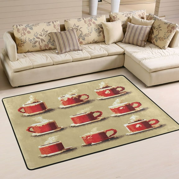 Coffee Cups Soft Polyester Area Rug 72''x48'', Non Slip, Memory Foam, Water Absorbent