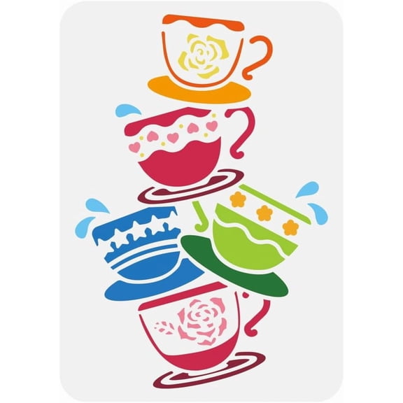 Coffee Cups Stencil 8.3x11.7" Creative Cups Painting Stencils Heart Cups Drawing Large Stencils Reusable Flower Cups Templates
