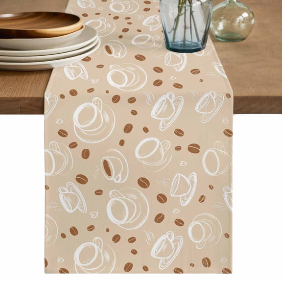 Coffee Cups Table Runner, Vintage Country Leisure Coffee Beans Beige Washable Cotton Linen Table Runners 48 Inches Long, Dresser Scarf Runner for Nightstand/Coffee/End Tables 13''x48''