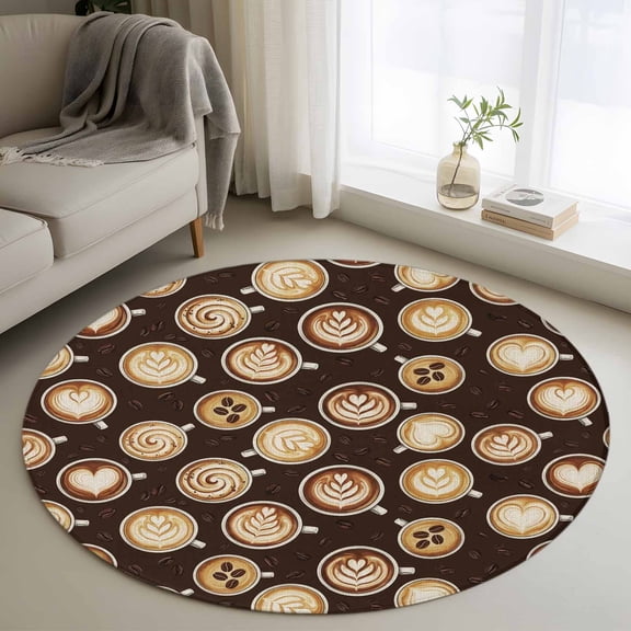 Coffee Cups Washable Round Area Rug 3 ft, Country Coffee Beans Latte Dark Brown , Soft Non Slip Rugs Stain Repellent Indoor Felt Carpet for Living Dining Room Bedroom Home Office
