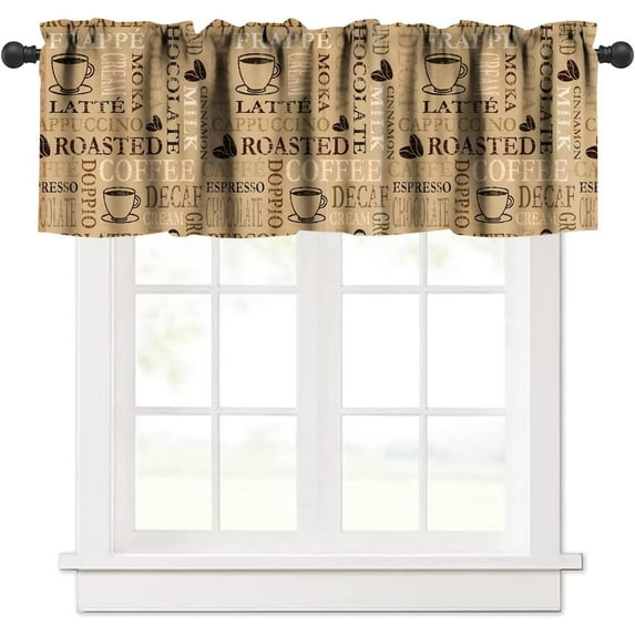 Coffee Curtain Valance Coffee Words Different Typographies Beans Cups Vintage Backdrop Curtain Valance for Kitchen Living Room Decor 54"x18"