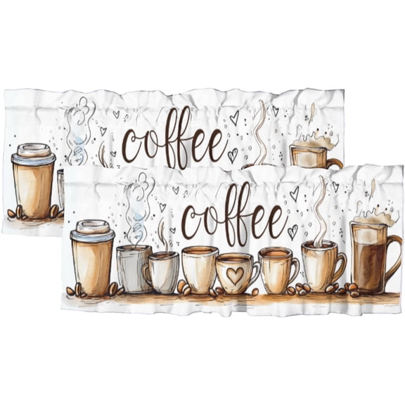Coffee Curtain Valances for Kitchen Windows Coffee Theme Tea Cup Rod Pocket Window Valance for Living Room Bathroom Bedroom Kitchen 54 by 18 in, 2 Panel