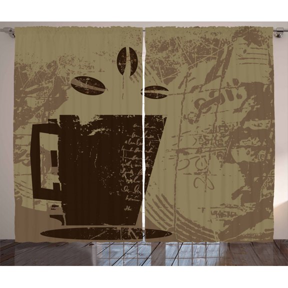 Ambesonne Coffee Curtains 2 Panel Set, Grunge Java Breakfast, 108" x 63", Dark Brown Cocoa Tan