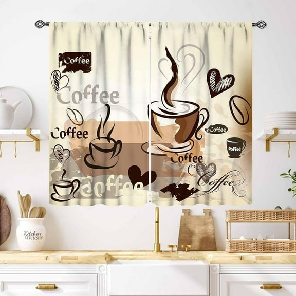 Coffee Curtains for Kitchen,Rustic Vintage Latte Cappuccino Cafe Theme Curtains Farmhouse Cafe Beans Drink Brown Window Treatment for Bedroom Living Room Bathroom 2 Panels,55X39 Inch