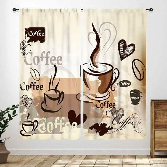 Coffee Curtains for Kitchen,Rustic Vintage Latte Cappuccino Cafe Theme Curtains Farmhouse Cafe Beans Drink Brown Window Treatment for Bedroom Living Room Bathroom 2 Panels,84X63 Inch