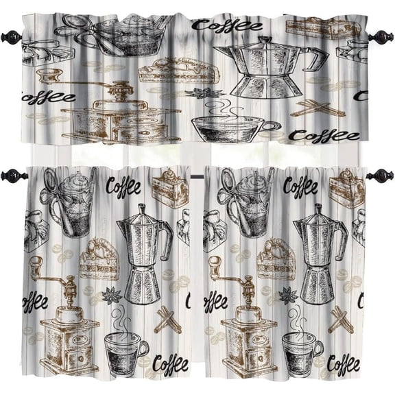 Coffee Curtains - Living Room & Kitchen 2 Panel Sets, Brown Latte Tea Cup Theme, 84x84 Inches