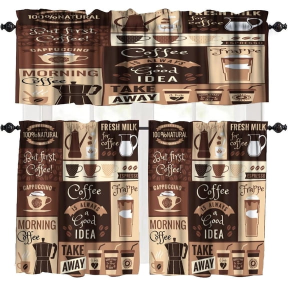 Coffee Curtains Retro Country Brown Coffee Latte Bean Tea Cup Pattern Rod Pocket Kitchen Curtains Set of 2 84x84 Inch