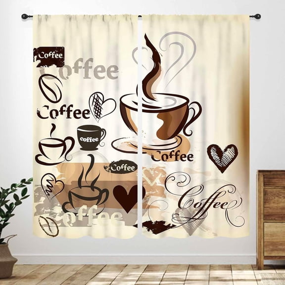 Coffee Curtains - Retro Rustic Farmhouse Cafe Theme Latte Tea Cup Kitchen Window Treatment, Vintage Brown, 2 Piece Set, 42x63in