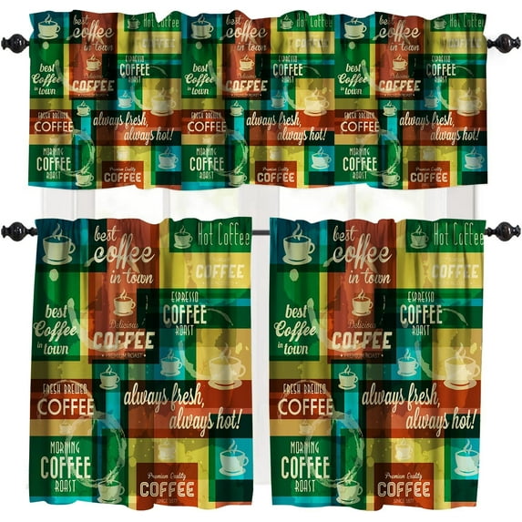 Coffee Curtains Valance 3 Piece Set,Coffee Theme Home Bedroom Living Room Cafe Decor, Retro Kitchen Rod Pocket Window Treatments Drapes