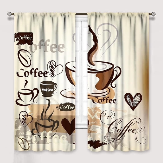 Coffee Curtains for Kitchen Window Treatments, Coffee Theme Latte Tea Cup Kitchen Curtains for Living Room,Cafe Brown Drapes 2 Panel Sets,55x63 Inch