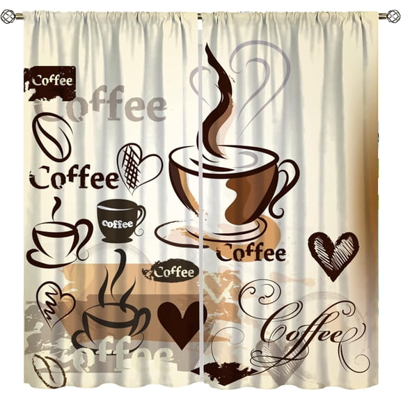 Coffee Curtains for Kitchen Window Treatments, Coffee Theme Latte Tea Cup Kitchen Curtains for Living Room,Cafe Brown Drapes 26"W x 45"L (Pack of 2)