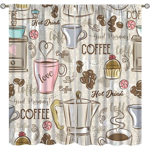 Coffee Curtains for Kitchen Window Treatments, Coffee Theme Latte Tea Cup Kitchen Curtains for Living Room Set 2 Panels 63 x 63 Inch