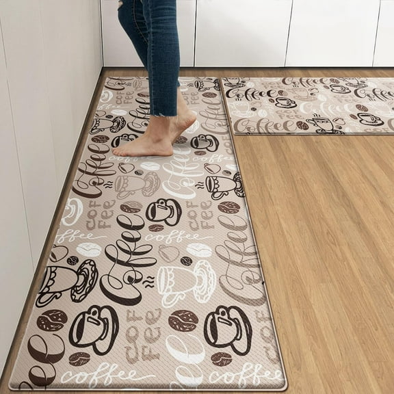 Coffee Cute Cafe Anti-Fatigue Kitchen Rug Set of 2 Cup Brown Farmhouse Vintage Cushioned Kitchen Floor Standing Mat Waterproof Non-Slip Kitchen Mat and Rugs PVC Ergonomic Comfort Foam Rug