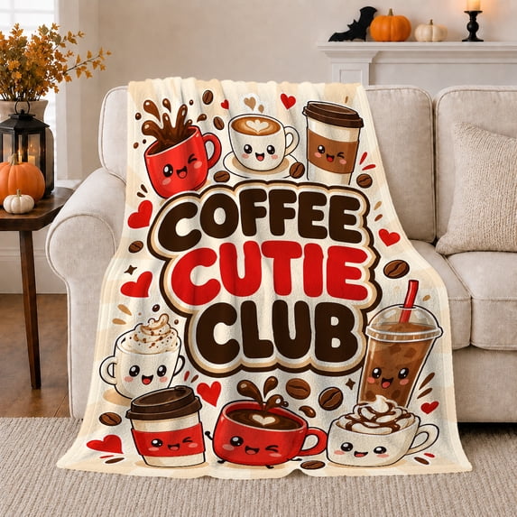 Coffee Cutie Club Cartoon Graphic Smiling Cups Off-White, Playful Food Art Scene, Warm Flannel Blanket for Living Room and Reading Nook, Art Lovers Friendship Gift, Playful Home Decor