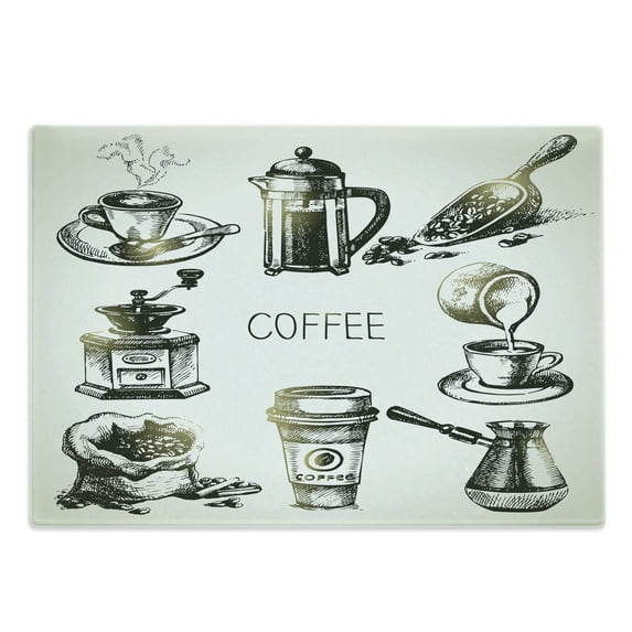 Coffee Cutting Board, Brewing Equipment Doodle Sketch Grinder French Press Plastic Cup Scoop Vintage, Decorative Tempered Glass Cutting and Serving Board, Large Size, Black Yellow, by Ambesonne