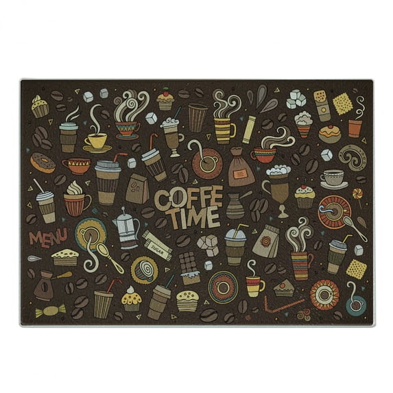 Coffee Cutting Board, Hand Drawn Cartoon Coffee Time Theme Sweets and Drinks Ornamental, Decorative Tempered Glass Cutting and Serving Board, Small Size, Brown Multicolor, by Ambesonne