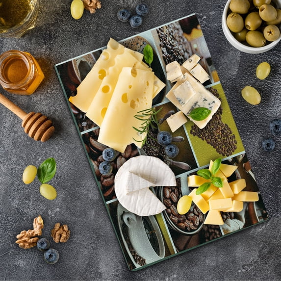 Coffee Cutting Board, Photographs Grid Style Collage of Images Accessories Cafeteria Elements Print, Decorative Tempered Glass Cutting and Serving Board, Small Size, Brown Mustard, by Ambesonne