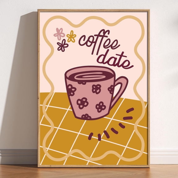 Coffee Date Print Retro Kitchen Cafe Decor Playful Doodle Art Home Decor Office Wall Art