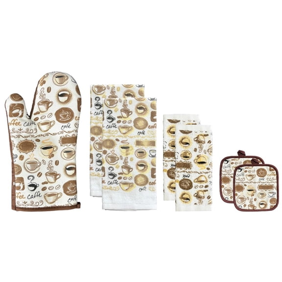 Coffee Design 100% Cotton Printed Kitchen Linen Set of 7, 2 Kitchen Towels, 2 Dish cloths, 2 Pot Holder, 1 Oven mitt, Non Slip, Washable, and Heat Resistant.