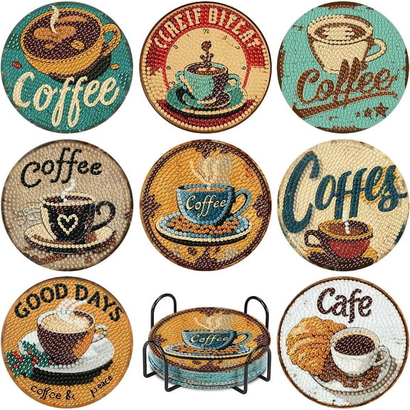 Coffee Diamond Art Coasters, 8 Pcs Diamond Art Kits Coffee Diamond Art Coasters with Holder, Crafts Kits for DIY Coasters Diamond Art Kits for Adults