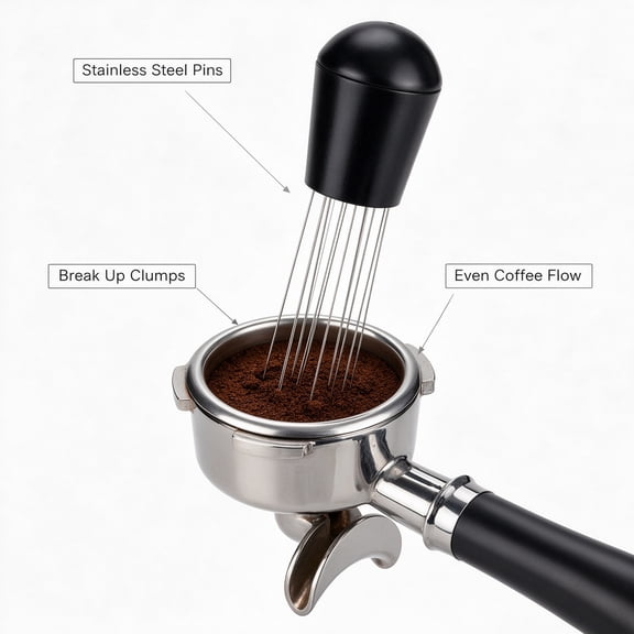 Coffee Distributor Needle Tool, WDT Stirring Tool with Stainless Steel Pins and Stand, Espresso Grounds Leveling Accessory (Black)