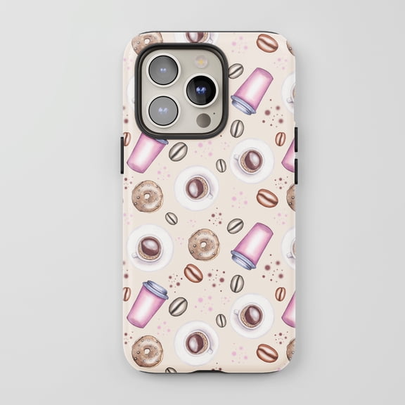 Coffee Donut For All iPhone Series Protective Phone Case Watercolor Cafe Theme Beige Pink
