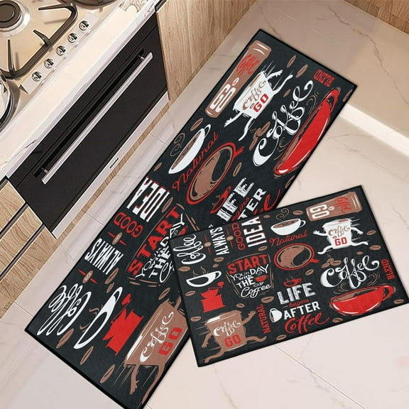 Coffee Doodle Kitchen Rugs and Mats Non Skid Washable Set of 2, Life Begins After Coffee Kitchen Mats for Floor, Chocolate Cafe Kitchen Runner Rug, Funny Kitchen Decor