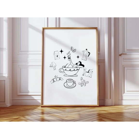 Coffee Drawing Kitchen Poster-Coffee Poster, Fun Coffee Bar Poster, Barista Cafe Poster, Coffee Lover, Retro Style Decor, Coffee Apartment, Unframed Poster Size 8x12