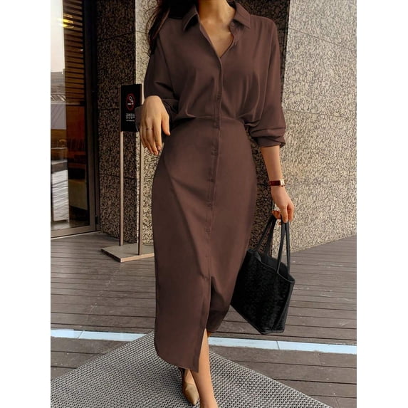 Coffee Dress, Long Sleeve Button Front Midi with Side Split
