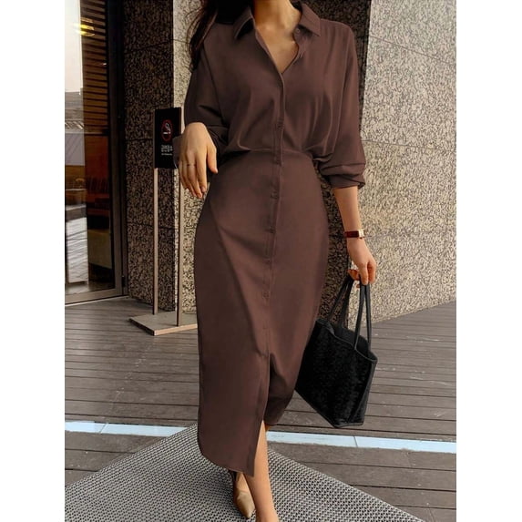 Coffee Dress, Long Sleeve Button Front Midi with Side Split