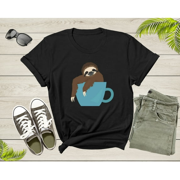 Coffee Drink Lover Happy Sloth Animal Sitting Coffee Cup T-Shirt Coffee Lover Sloth Animal Shirt for Men Women Kids Boys Girls Teen Tshirt