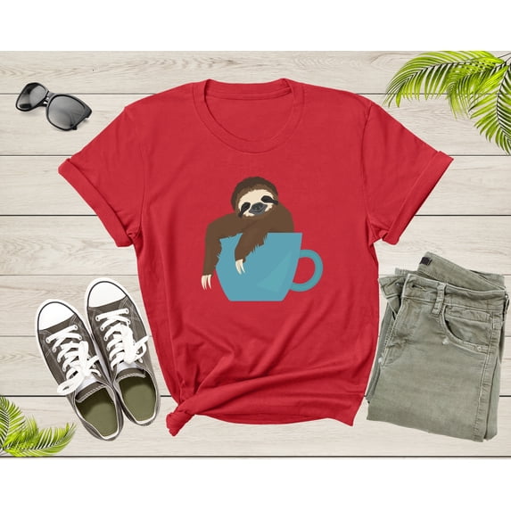 Coffee Drink Lover Happy Sloth Animal Sitting Coffee Cup T-Shirt Coffee Lover Sloth Animal Shirt for Men Women Kids Boys Girls Teen Tshirt