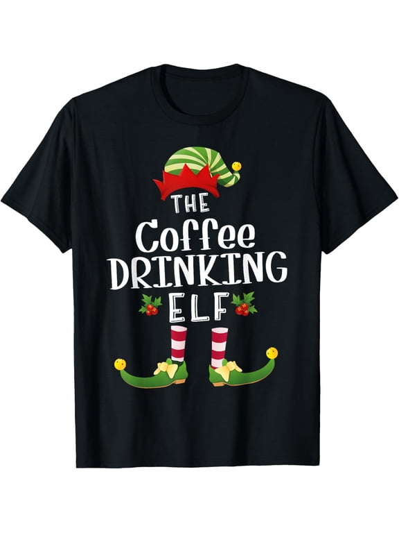 Coffee Drinking Christmas Elf Matching Pajama X-Mas Party Mens T-Shirt