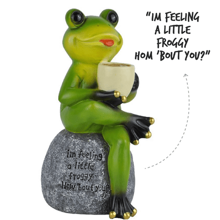 Coffee Drinking Frog Garden Statue with Funny Quote