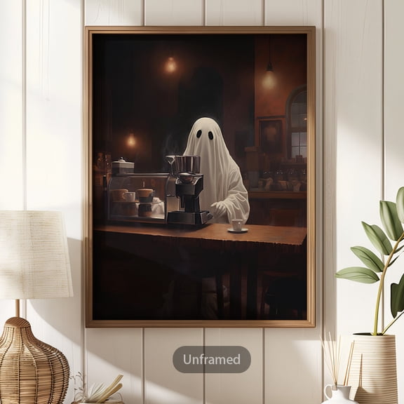 Coffee Drinking Ghost Canvas Wall Art, Cute Spooky Halloween Print, Ghost Coffee Lover Decor for Kitchen Bedroom Living Room, Unframed 12x16inch