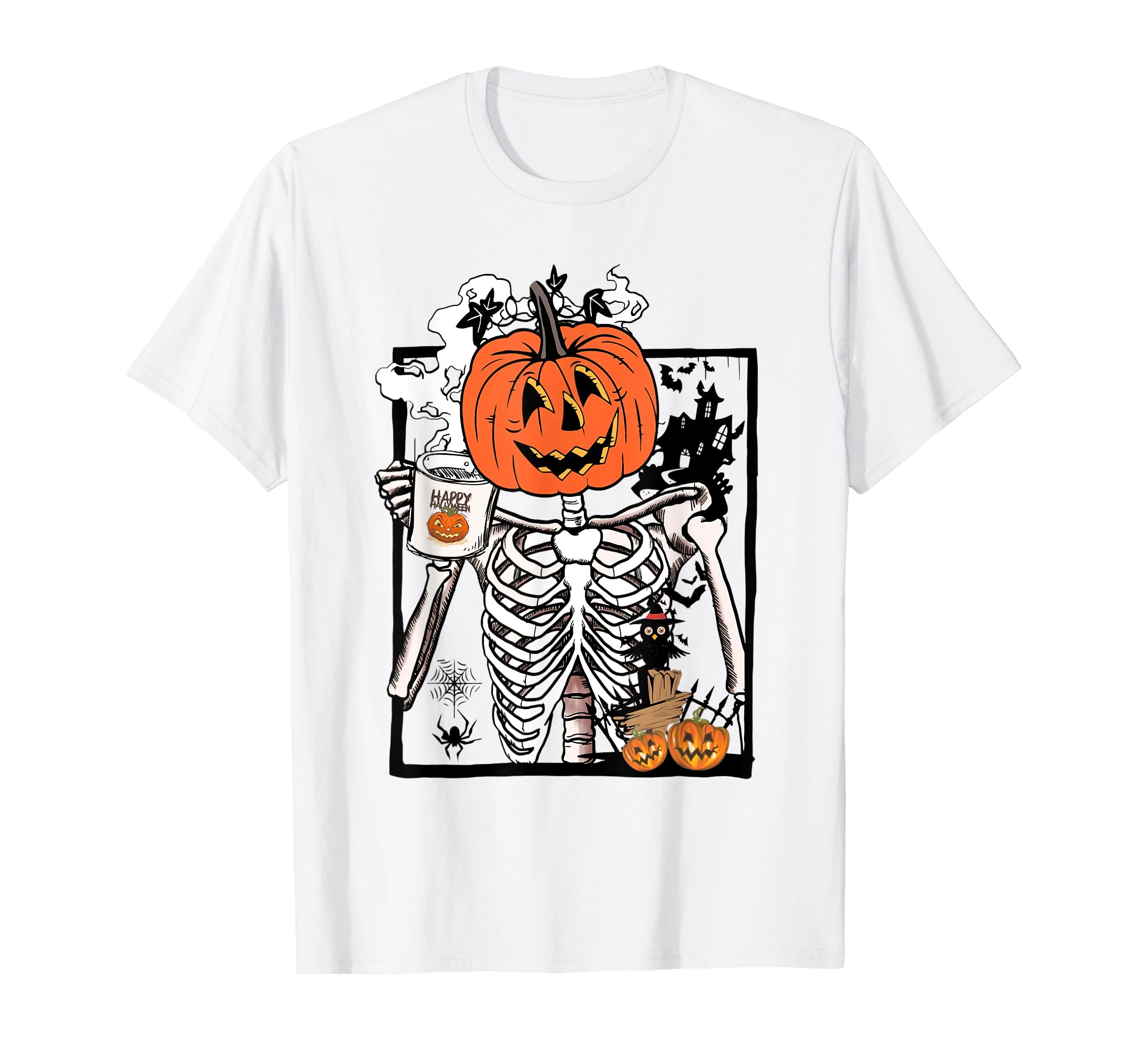 Coffee Drinking Pumpkin Head Skeleton Halloween Costumes White TShirt
