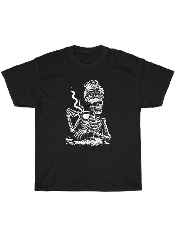 Coffee Drinking Skeleton Lazy Halloween Costume Women T-Shirt Unisex Tee Gift