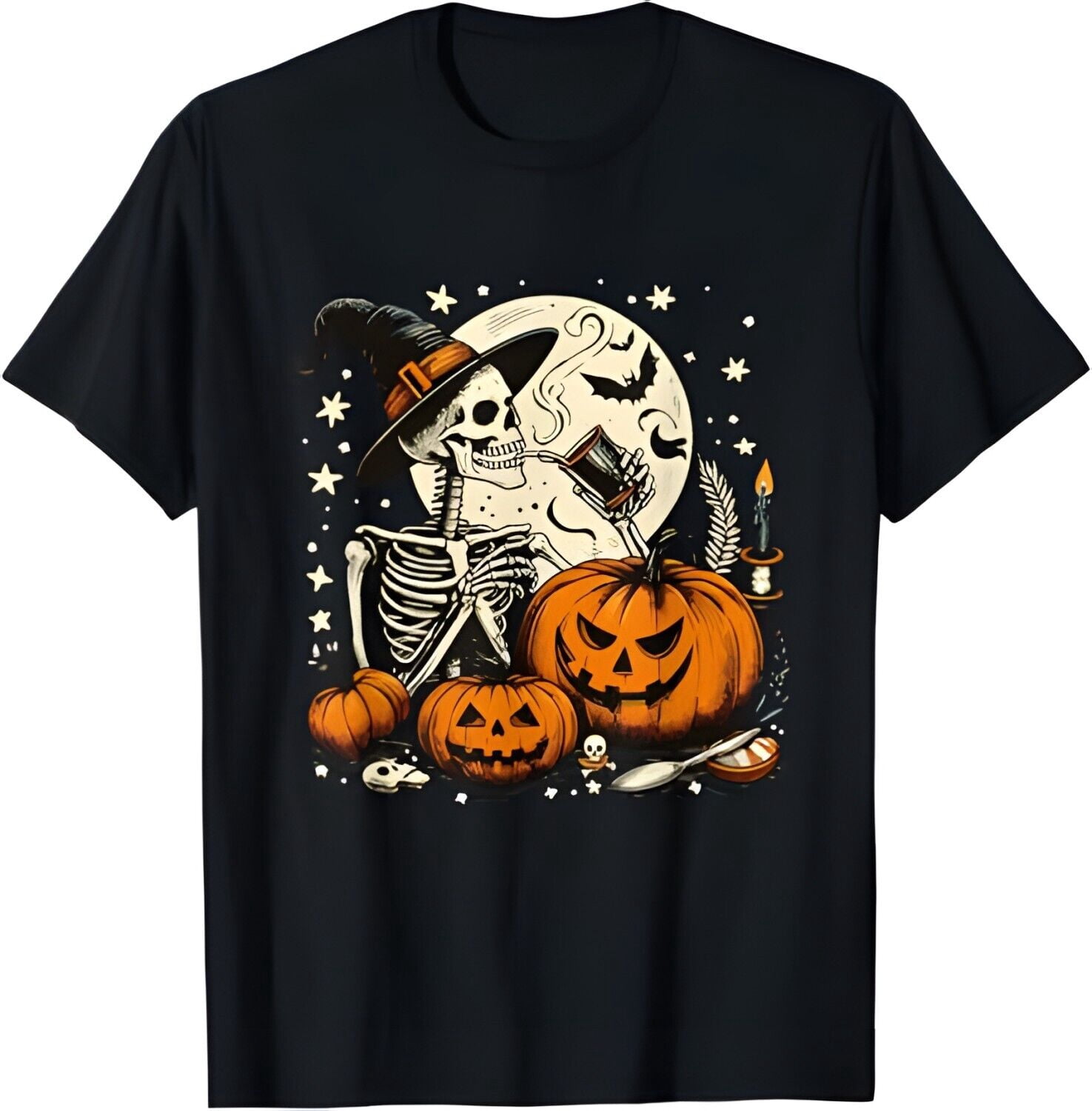 Coffee Drinking Skeleton Pumpkin Halloween Costume Women Men TShirt