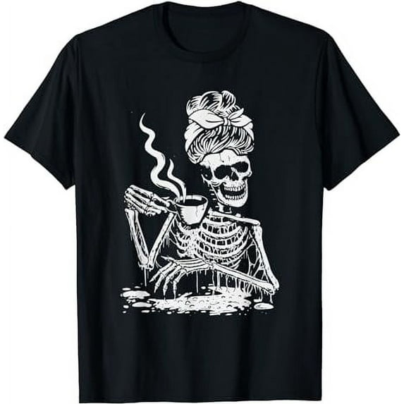 Coffee Drinking Women Skeleton Coffee Messy Bun Halloween T-Shirt