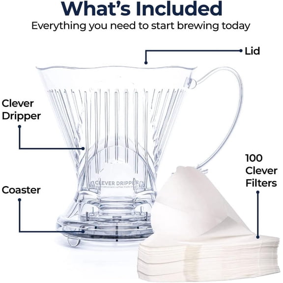 Coffee Dripper and Filters, Large 18 oz, Original Classic Design, Safe Plastic, dripper coffee maker, drip coffee maker pour over, 100 filters, coaster and lid, 18 oz (Clear)