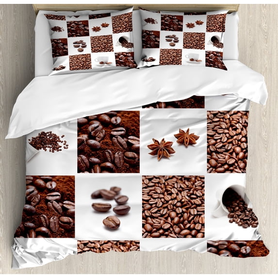 Coffee Duvet Cover Set, Coffee with Roasted Beans Concept Collage Hearts Stars Espresso Latte Mugs Aroma, Decorative 3 Piece Bedding Set with 2 Pillow Shams, Queen Size, Brown White, by Ambesonne