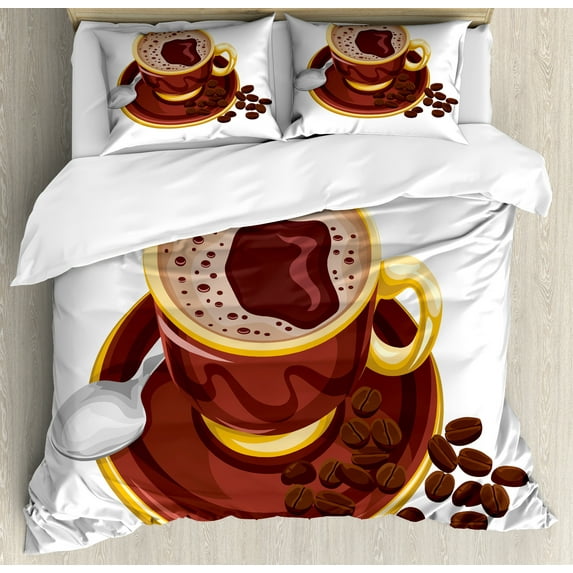 Coffee Duvet Cover Set, Graphic Image of a Foamy Cappuccino with a Spoon and Some Beans, Decorative 3 Piece Bedding Set with 2 Pillow Shams, King Size, Redbrown Mustard, by Ambesonne