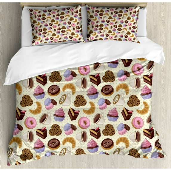 Coffee Duvet Cover Set, Coffee Shop Themed Image with Cups Cookies Cake Chocolate Art Pattern, Decorative 3 Piece Bedding Set with 2 Pillow Shams, King Size, Multicolor, by Ambesonne