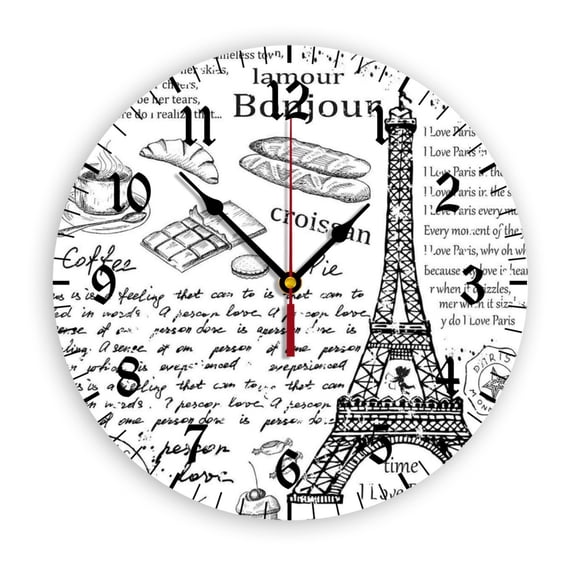 Coffee Eiffel Tower Wall Clock, Battery Operated, PVC Round Silent Non-Ticking Clock with Clear Numbers for Living Room, Kitchen, Bedroom, Office, School Decor 12inch-30cm