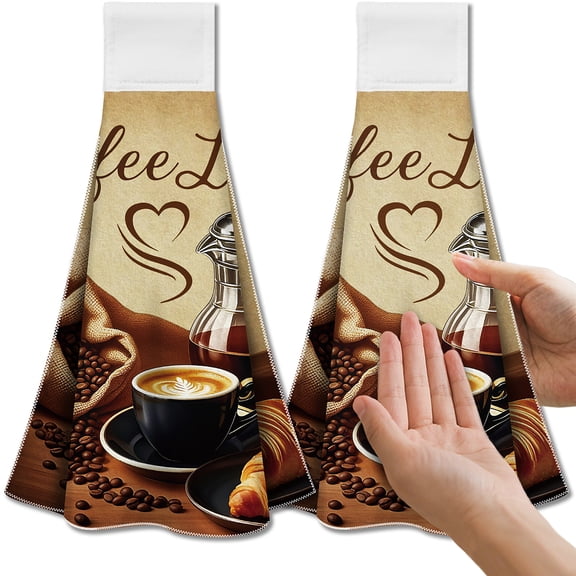 Coffee Element Hanging Kitchen Towels with Loop Set of 2 - Soft & Super Absorbent Microfiber Decorative Hanging Dish & Hand Towel Tea Coffee Towel
