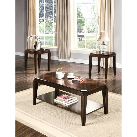 Coffee & End Table Set, 3 Pieces, Walnut Finish, Parquet Pattern Design / Timeless Decor for Your Living Space