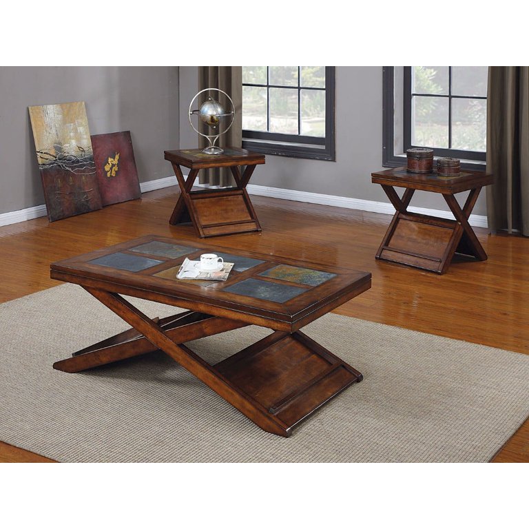 Benicia Coffee/End Table Set, Dark Oak, Slate- Pack of 3 Piece