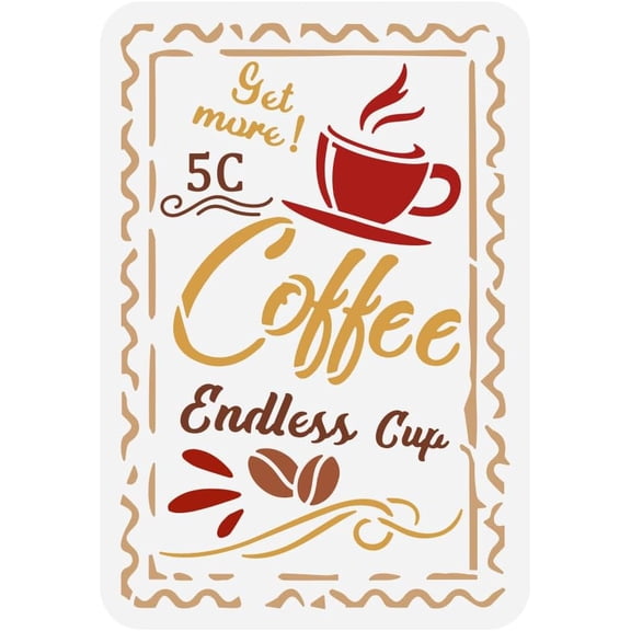 Coffee Endless Cup Painting Stencil 8.3x11.7inch Large Coffee Bean Coffee Cup Frame Template Reusable "Get More" "Coffee" "Endless Cup" Words Stencil for Painting on Wood Fabric colorful