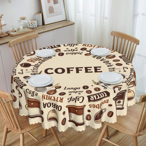 Coffee Equipment Typography Round Tablecloth Waterproof Oil Proof Spill Proof Table Cloth 70" for Camping, Dining, Indoor and Outdoor Table Cover